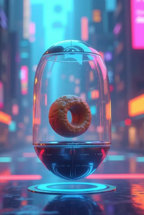 A futuristic capsule with a floating nut inside animated in a cartoon 

