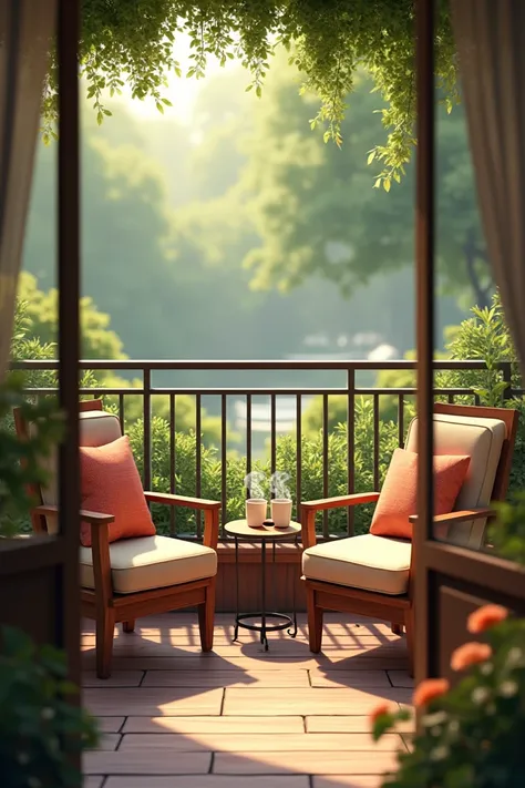 A balcony with 2 chairs and a mini table with 2 cofees on it, the background is a garden or parc