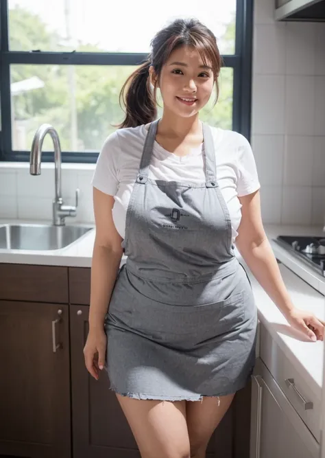         pure japanese girl        ,        damaged hair        , pink tshirt and torn skirt gray   ,Jersey ,large tareme curvy ,ponytail,smile,mom 30 old         ,down up ,wide pelvis, tangan di depan dada,kaki yang indah, wearing white kitchen duvet , a g...