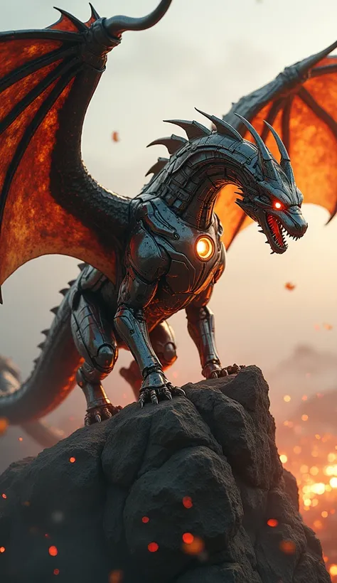 A hybrid creature of Iron Man and a dragon emerges with gleaming metallic wings, glowing eyes, and fiery breath, perched dramatically on a jagged cliff with smoldering embers surrounding it."

