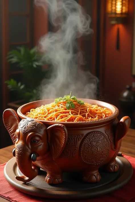 SEAFOOD FLAVORED NOODLES PUT IN AN ELEPHANT FIRE POT