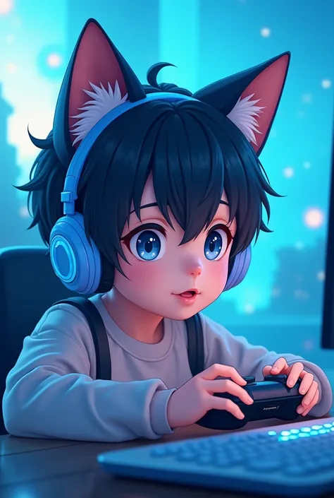 The boy with anime-style cat ears is about 
Im playing a game with light blue headphones　 is cool