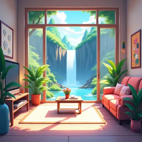 No humans、Anime room、 bright living room、Window with waterfall view 、Illustration、２ｄ、 digital art 