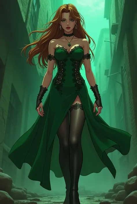 Sailor jupiter in goth green clothes with in 90s anime style