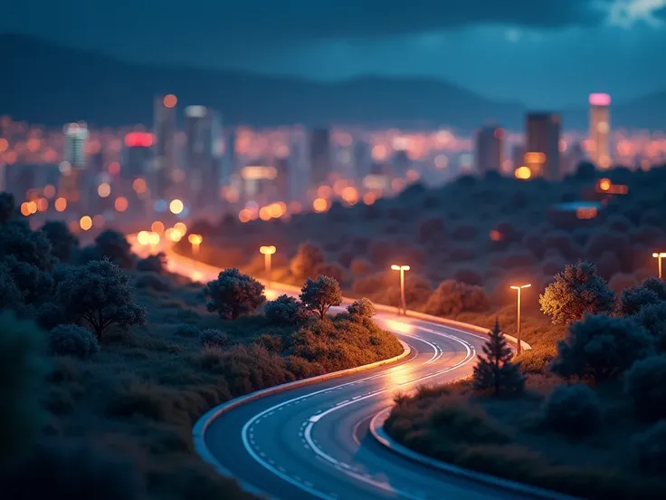 photography set，Miniature Landscape，8K Ultra HD，unmanned，No subject ，C4D、 plushie photography ，Scene photos，Nightfall，Brightly lit city，Blurred city background，Illuminated at night，Promotional rendering、cute digital painting 、 stylized for 3d rendering、