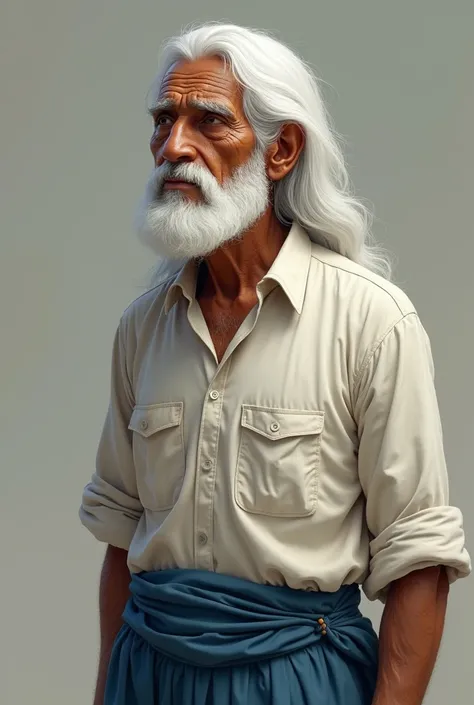 country : India 
An Indian elderly man with white hair and a
weathered face.
 ﻿﻿Serious expression, suggesting thoughtfulness or concern
 Wears a simple white shirt and blue pant.