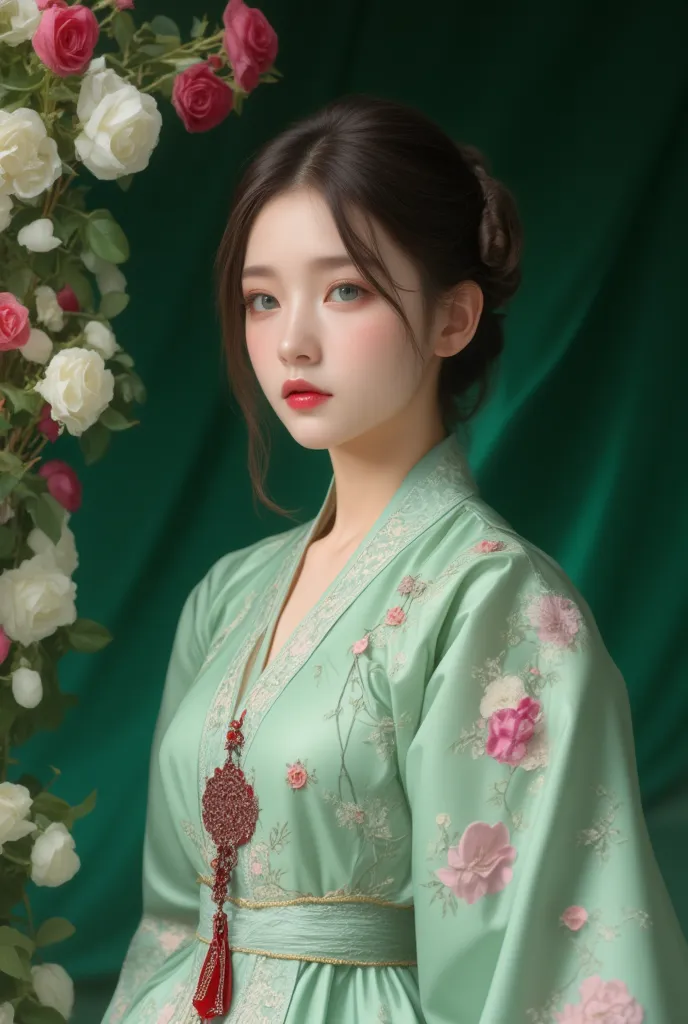 create a vertical portrait of an exquisite and captivating east asian model wearing a traditional korean hanbok, set against a l...