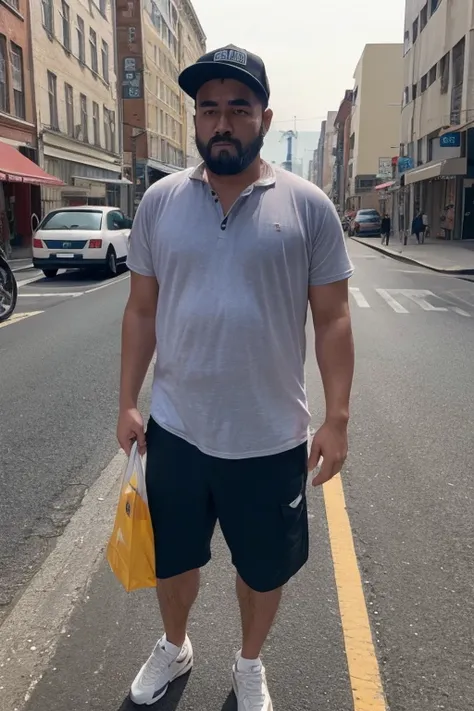 Man standing in the street with a sad expression　Dirty skin　 fat