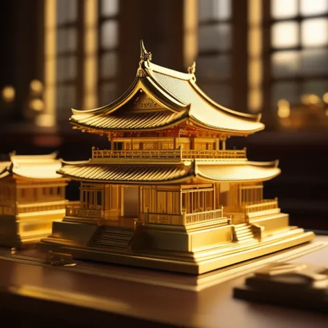 A gold toy of Japanese architecture is placed on the table, Gold Carbine  _4xl size,gold sculpture ,Miniature, tilt shift ,indoor, not human , cutie ,cute, art,(Unbelievable digital artwork :1.3),CGSociety, Art Station ,Master Works, Mandarin ,  harmonious...