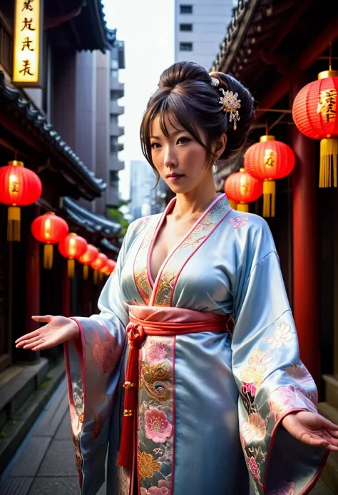 A magical girl (cute woman, age 40, breast over exposed, intricate Chinese robe, fancy Chinese hairstyle) is in a casting action pose, a ball of energy forms up before her, downtown Tokyo
