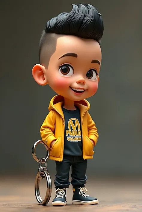 3D caricature of a boy, key chain. High-quality realistic photo, and there is the name "PAOLO VILLAFLOR" in 3D letter style, embossed and realistic, in black yellow, indium white and black, Flattop hair,Multiple Views, 