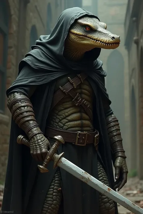 Humanoid, crocodile-like lizard with cuts on the face of Dnd Picaro with a rapier and black hood and a blind eye
