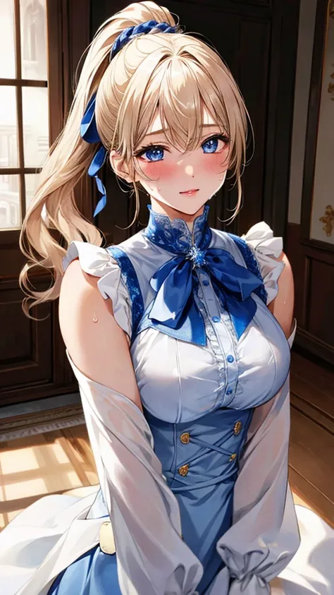 最 High Quality 、 High Quality、masterpiece、 one girl、24 years old、Best Bust、 Big Breasts 、 beautiful blue eyes、 blonde ponytail 、slender、 naked 、 High Quality 、Beautiful art、indoor、 evening 、Exquisite design、 vest lighting、  Best Details  、8ｋ、 upper body、 C...