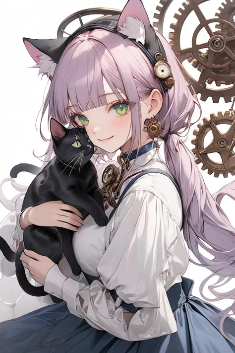 (white background:1.3), Masterpiece, Best quality, Amazing quality, Very aesthetic, Absurdres, Newest, Pastel colors, Colorful, ///, girl, pale purple hair, low twintails, blunt bangs, green eyes,cat ears, gentle smile,blue long skirt, Steampunk, gears, ma...