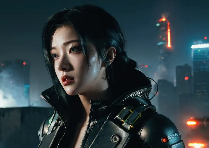 sexy cyberpunk girl with a dystopian futuristic cyberpunk city being destroyed by a nuclear bomb