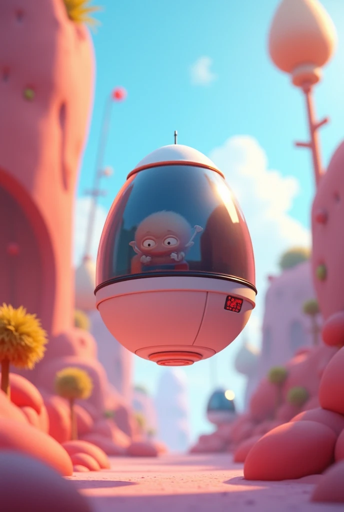 An adorable floating futuristic capsule inside animated in a cartoon 

