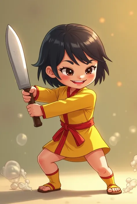  holding a big knife ， who knows Chinese kung fu，Cartoon  in a full body short suit ，Short hair， yellow dress ，Blackhead method， with red tie ，Cartoon，