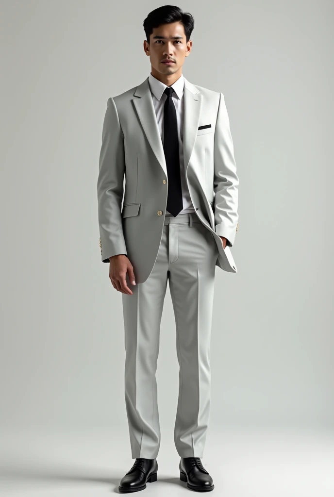 Light silver pants, light silver cheleco, long sleeve, black neck tie and black shoes men without coat