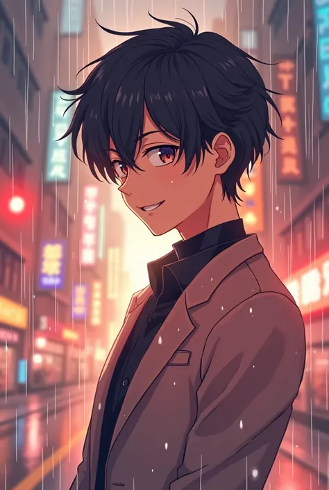 Anime,male, brown skin, short black hair, black clothes, smiling, in a night rain city