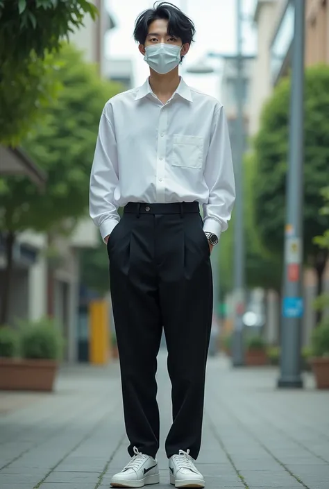 Japanese man, 20 years old,Having an emo hairstyle, wearing a white medical mask,Wearing a white long-sleeved formal shirt,Wearing black formal trousers,Wearing white sports shoes,Front look,Camera zoom from bottom to top,Very realistic, finest details, ve...