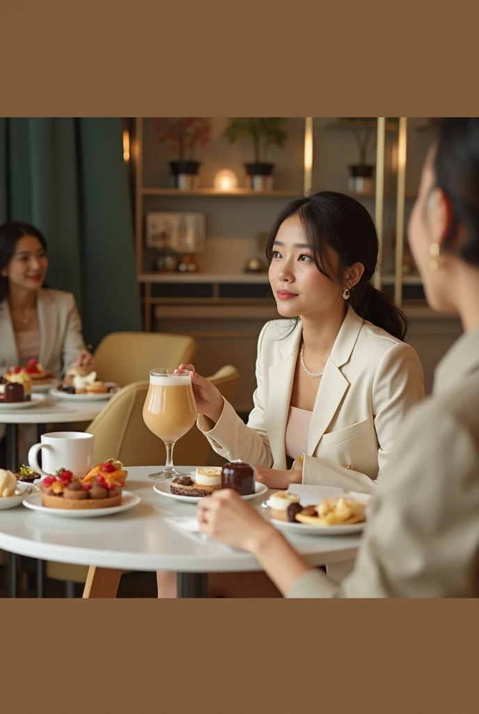 This is a picture of a  20-year-old Korean tycoon while eating drinks and desserts with her secretary at a cafe.