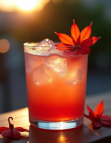 pink evening cocktail with cayenne flower and refreshing passion fruit juice