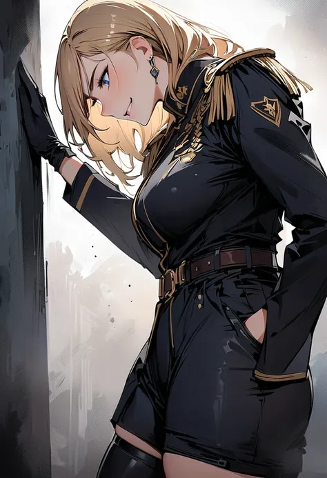 masterpiece,  best quality,  1 girl,  standing, Alone, Big Breasts, Slim waist, thick thighs black military uniform, Epaulettes, thigh  boots, military uniform, military, uniform, belt, Shorts,  boots,  earrings for a woman alone,  jewelry, Gloves,  thigh-...