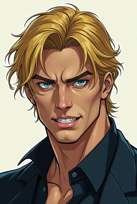 (manhwa 1.3) a handsome man with golden hair, crystal blue eyes, a handsome face, tall and dashing, and has a sharp gaze
He has a creepy smile