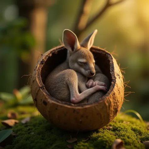 Tiny baby kangouroo sleeping in a coconut, details, sunlight, cute, photorealistic, very detailed