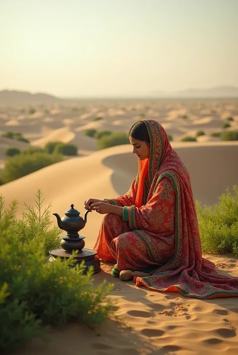 beautiful woman of Thar desert sindh Pakistan in lush green thar desert making tea at sand dune