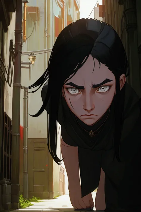 1 girl, frowning, dark Black hair, wolf cut, black hair highlights, grey eyes, Alley way, dark, scar on left eye, narrow eyes, soft face, Aquiline nose, thin lips, adult, athletic form, dark sky