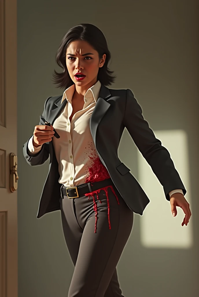 Create me an image of a businesswoman in a suit, shirt TUCKED in pants and black belt killed with a knife to stomach, she is bleeding from belly , 4k realistic, rich in details, masterpiece quality,best quality, detailed description, properly generated , k...