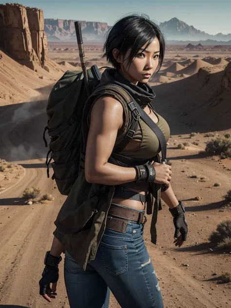 Only one character in the image. Beautiful Asian woman, with a fitness body and firm, round breasts. Short black hair. Survivalist woman, wearing Mad Max-style clothes, which are a black top, jeans and a coat on top. She has a backpack on her back. Her fac...