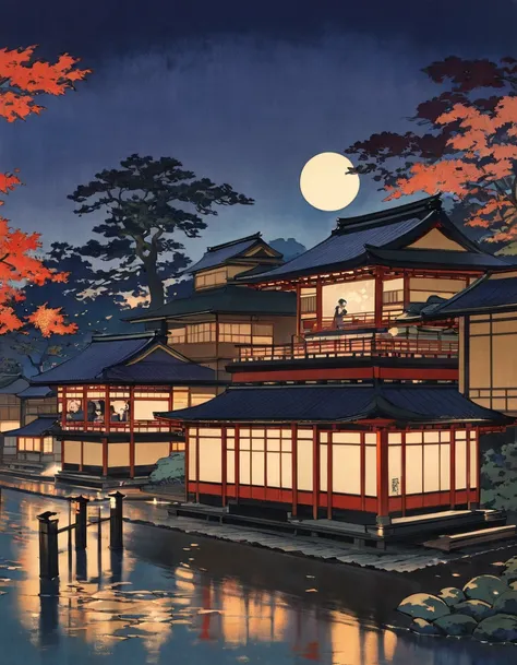 Kyoto in the Meiji era in the fall of a moonlit night