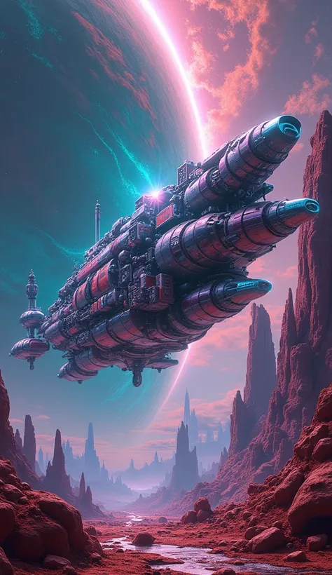 An impressive spaceship pours out of pure audio equipment on a psychedelic planet 