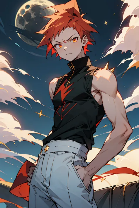 1male, young, spikey hair, crimson hair, gold star eyes, black sleeveless shirt, white baggy pants, night time, cocky expression...