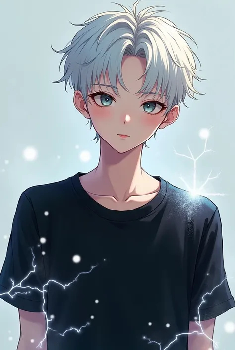 pretty,  Korean,White hair ,man,Black T, anime ,painting, hair is short,cute,electricity,The lower half of the body is all out