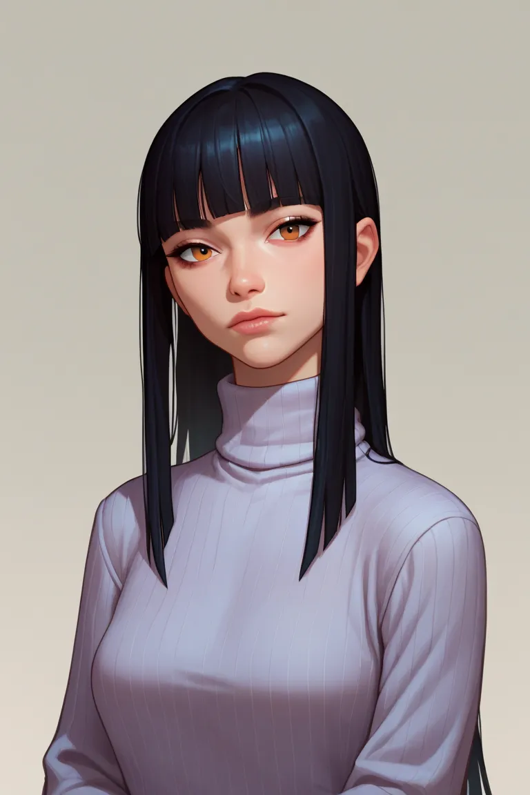 1girl, solo, turtleneck sweater, black hair, hime cut, portrait, looking at viewer,