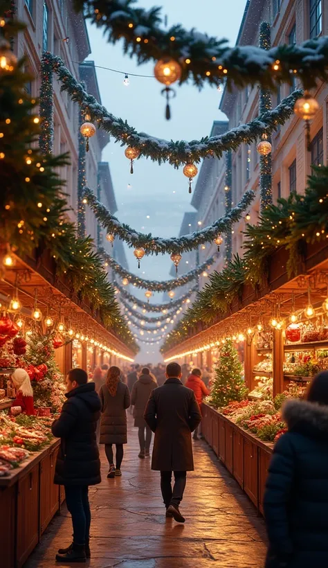  Christmas market on the street serving Christmas trees, christmas decorations ,  garlands hang on the facade of the building , Christmas bustle 