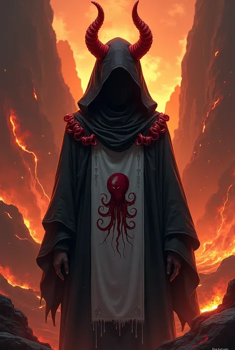 An anime man wearing a black octopus hood, with two red horns on his head, standing in front of lava, with a figure of an octopus on a cloth.