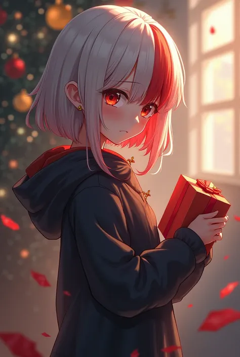 one with a sad and lonely look ,  holding a piece of colored gift paper .  She has a lock of vibrant red hair ,  contrasting with the rest of her hair , that are white as snow .  She is tearing the gift with her hand , the pieces falling around you as you ...