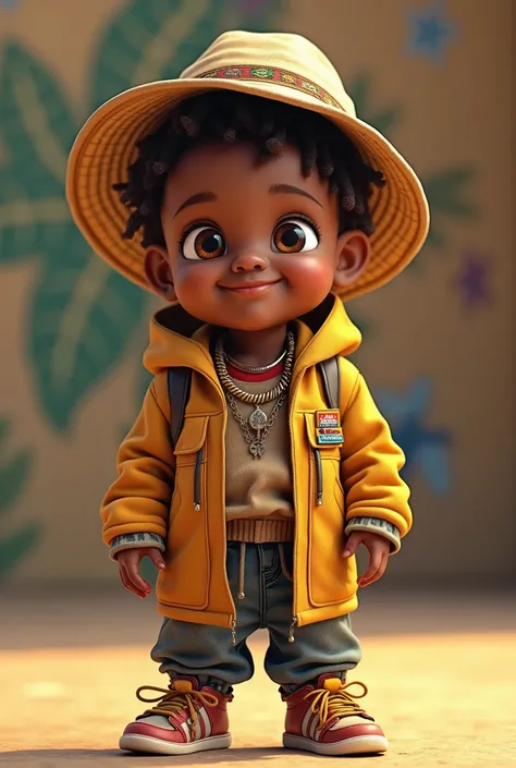 American male toddler 3d character with a huge love for bhang, can rap, is an artist , born in the 90s , dresses in a blend of urban street wear and traditional African styles . Different render angles . Illustration 