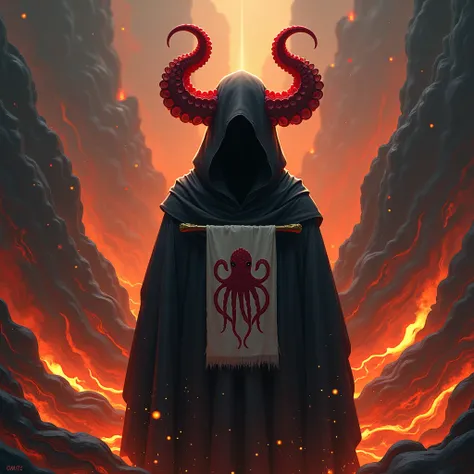 An anime man wearing a black octopus hood, with two red horns on his head, standing in front of lava, with a figure of an octopus on a cloth.