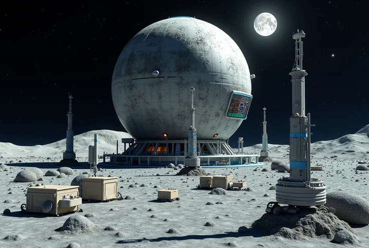 This is a highly detailed CGI rendering of a futuristic, space-based scene set on a barren, rocky lunar landscape. The primary focus is a massive, spherical space station with a textured surface resembling the moons craters and blemishes, dominated by a la...