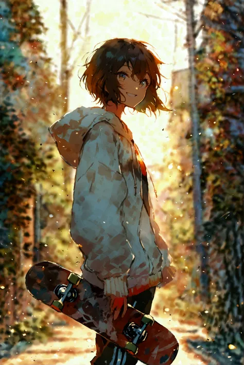 "An energetic androgynous anime-style girl with short hair and a sporty outfit, skateboarding through a quiet suburban street during golden hour. The grisailles-inspired watercolor approach uses dynamic shadowing and vibrant highlights to convey movement a...