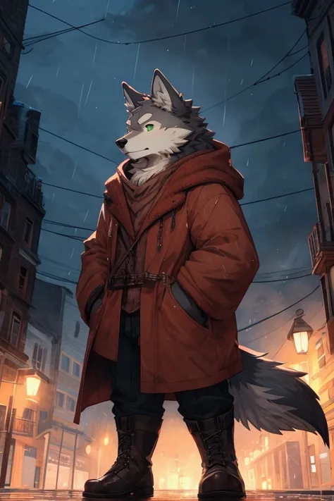 male wolf, kemono, anthromorpophic, brown fur, green eyes, wearing cozy clothing, in the rain, wearing boots, soft shading style, cozy illustrative design, posted in e621, detailed, dynamic perspective, city background, night, street light, left ear floppe...