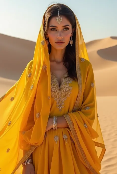 beautiful  woman in yellow traditional  sari at Thar desert sindh Pakistan in lush green thar at sand dune