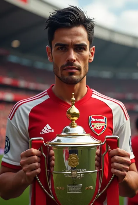 Mikel Arteta ,  in Arsenals red and white uniform ,  with the FA Cup in hand , portrait, detailed photo,  detailed Arsenal emblem, 8 k, HD, Play of light and shadow,  character in the background to Emirates Stadium with happy fans,  high quality photo ,  T...