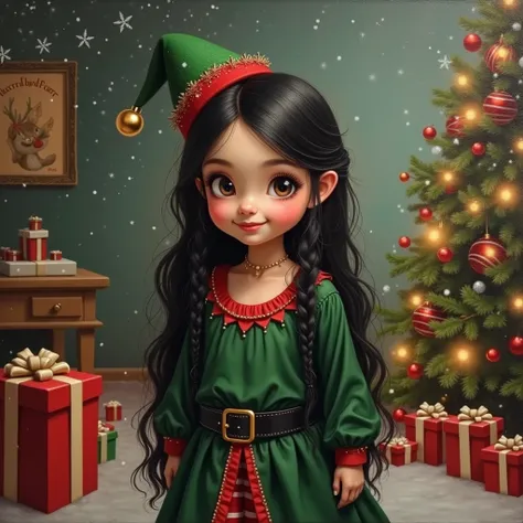  Realistic oil painting of a girl of charming beauty with European features,  Long, shiny jet-black hair ,  and steel-gray eyes that reflect tenderness .  Her face shows a sweet smile .  She wears a festive gown costume ,  composed of a green tunic with re...