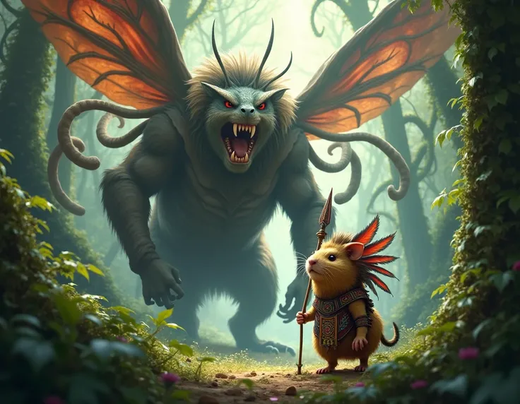 In a forest, an angry guinea pig, dressed as an Inca warrior, armed with a spear, faces a large monster with insect wings and tentacles.
